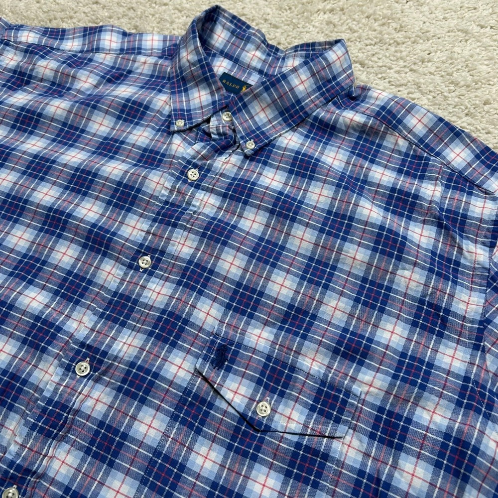 Ralph Lauren Button Down Shirt 3XLT Tall Blue Plaid Short Sleeve Cotton Pony